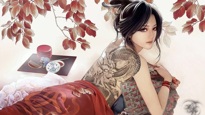 brunette, tattoo, drawing, video games, dragon