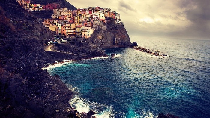 HDR, sea, cliff, house