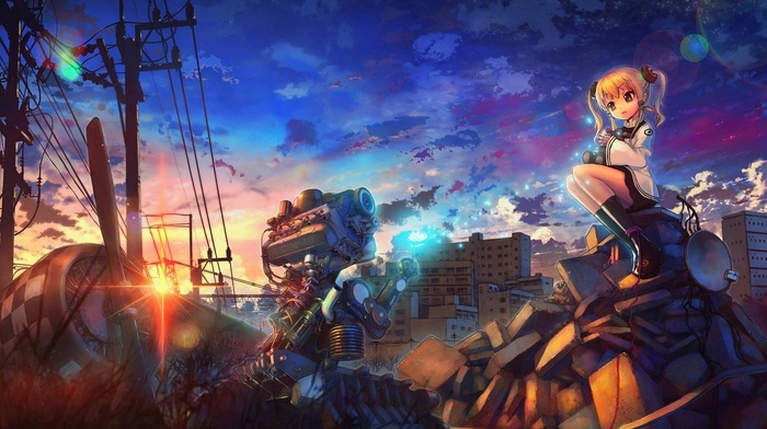 destruction, artwork, utility pole, power lines, sunset, city, engines, anime girls, anime