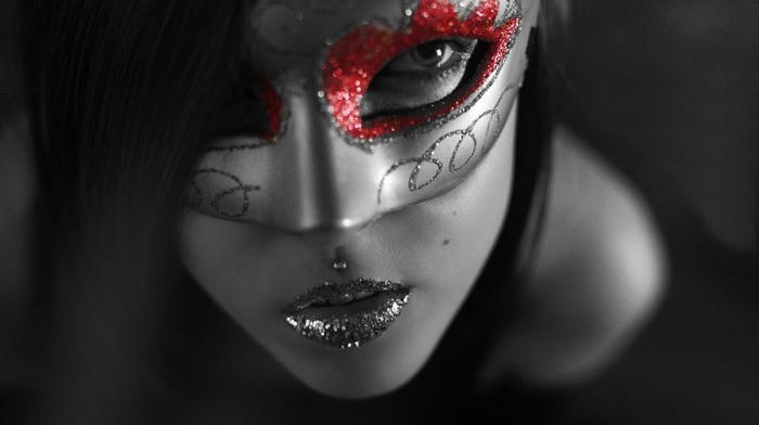 girl, piercing, selective coloring, glitter, face
