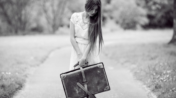 girl, monochrome, suitcases, white dress