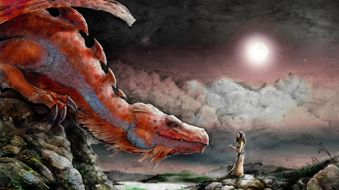 dragon, stones, fantasy, Sun, girl