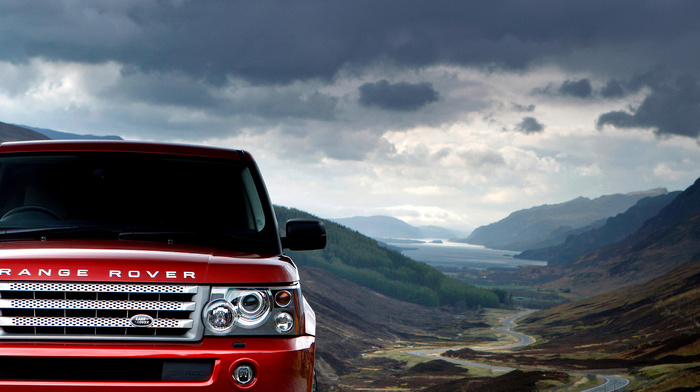 mountain, cars, sky, clouds, red