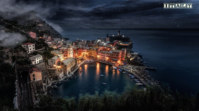 Italy, sea, Liguria, lights, Vernazza, cityscape, night