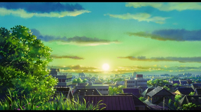 anime, town, Sun, sunlight, cityscape