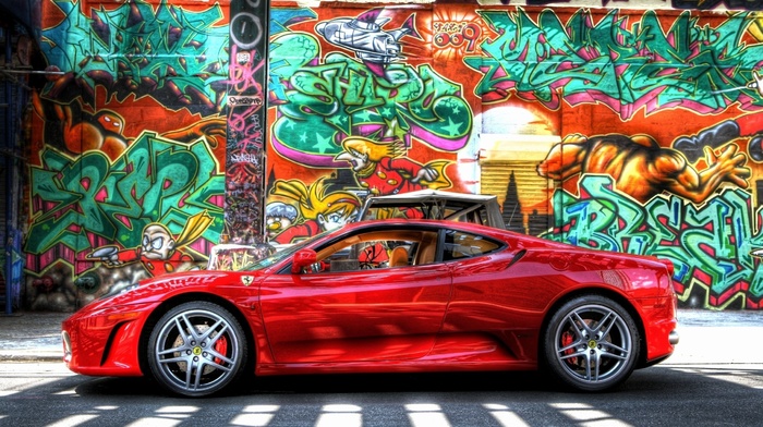 cars, graffiti, wall, Ferrari