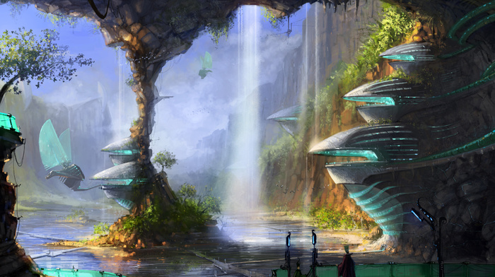 cave, fantasy, city, men, water, waterfall