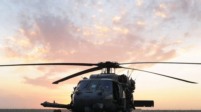 aircraft, helicopter, sky, sunset
