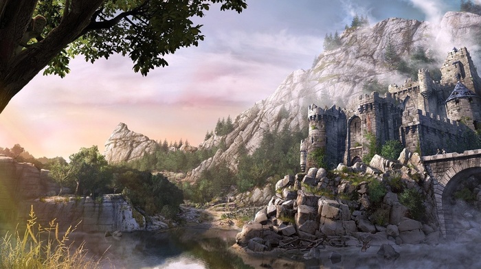 castle, trees, river, fantasy, stones, bridge, mountain