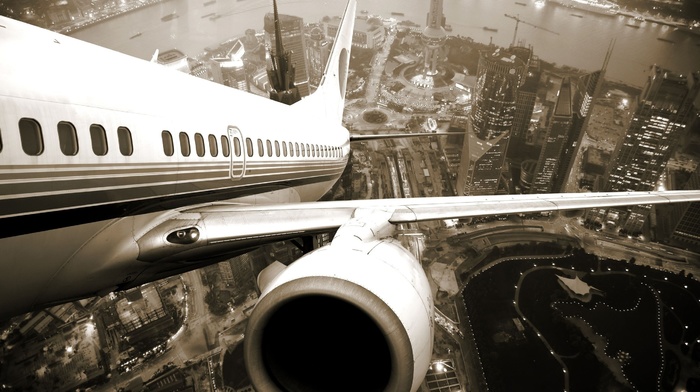 airplane, city, aircraft, river