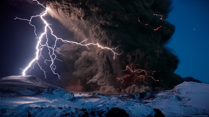 element, nature, lightning, volcano