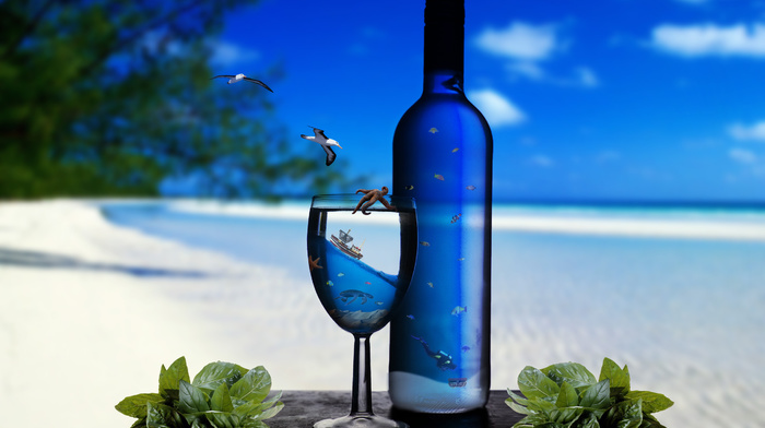 sea, wineglass, coast, macro, ocean, bottle, sand