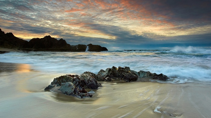 waves, sea, stones, rocks, nature, sunset