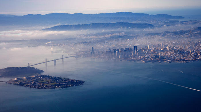 city, cities, bridge, USA, bay, mist