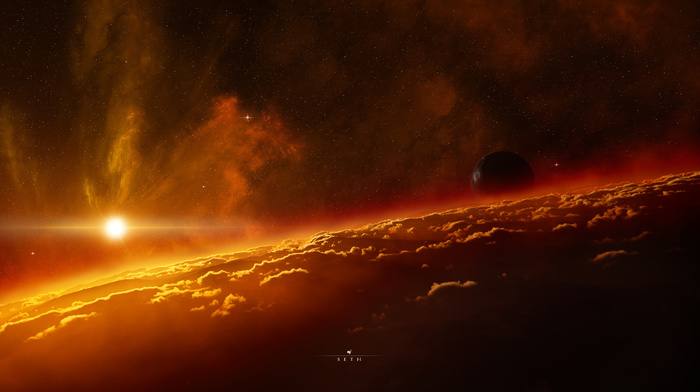atmosphere, Sun, light, space, stars, clouds, sky, planet