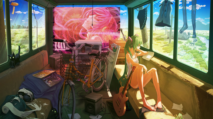 bicycle, girl, anime, guitar