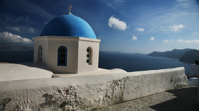 cities, sky, Greece, church, clouds