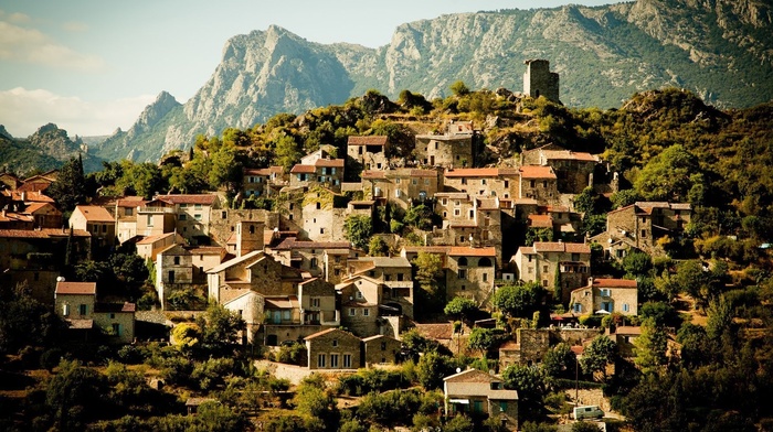 cities, houses, landscape, mountain, town, France