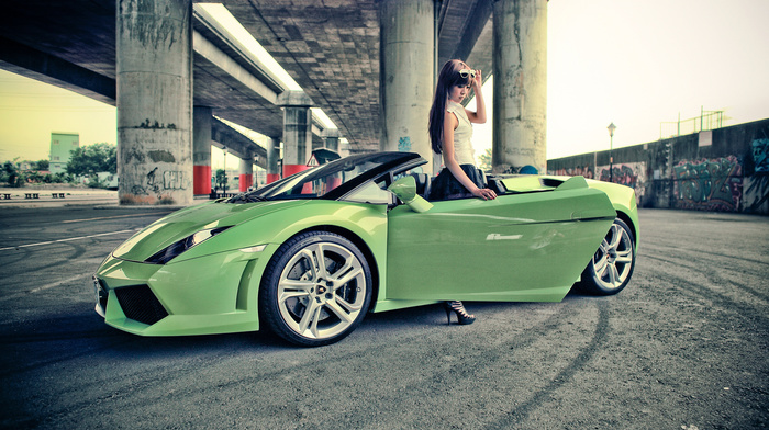 girl, cars, green, beautiful