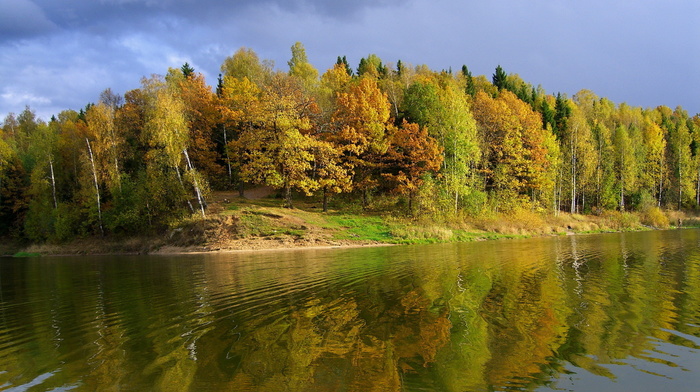 river, trees, sky, autumn, coast