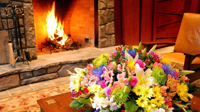 fireplace, bouquet, interior, flowers, design, macro