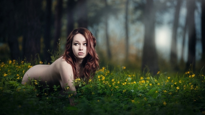 girls, field, chamomile