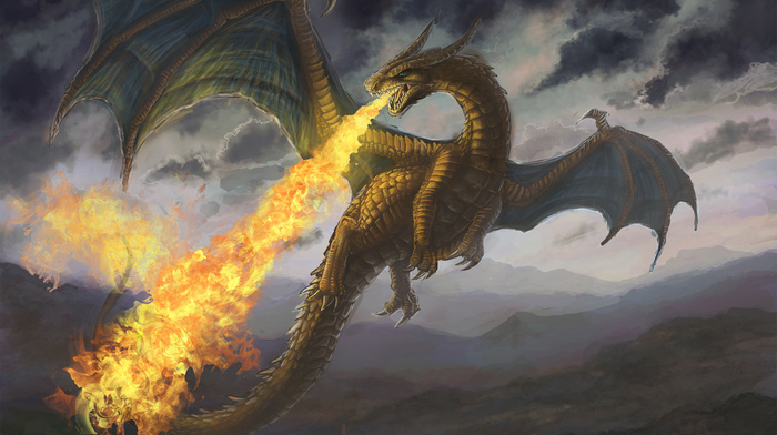fantasy, fire, dragon, mountain