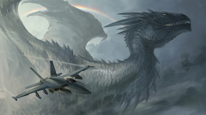 dragon, rainbow, fantasy, airplane