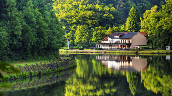 house, river, trees, summer, reflection, Germany, nature