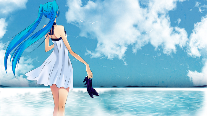 birds, anime, sky, sea, girl