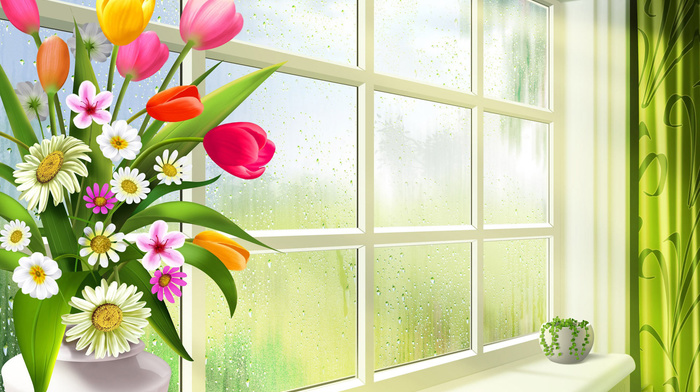 chamomile, tulips, vase, spring, flowers, greenery, window