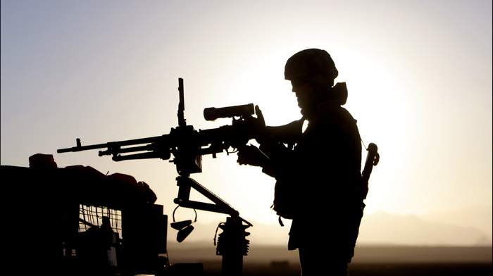 silhouette, soldier, gun, sunset, machine gun