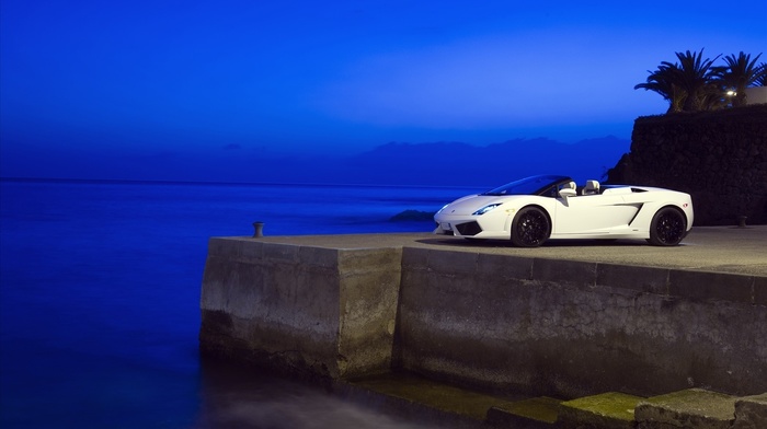 cars, lamborghini, blue, sea, evening