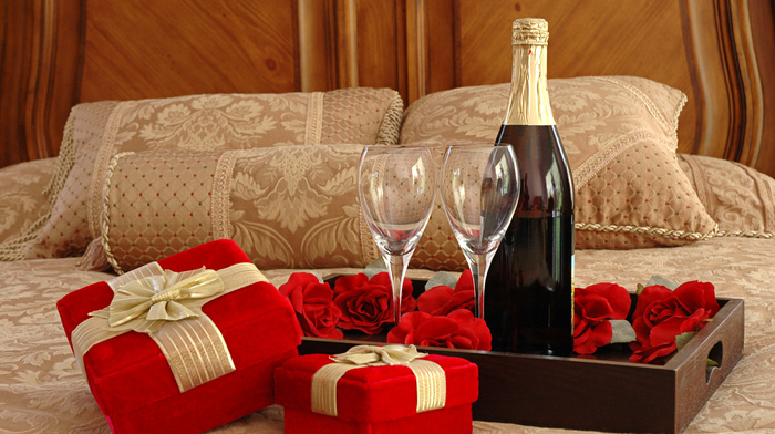 bed, stemware, wine, gifts