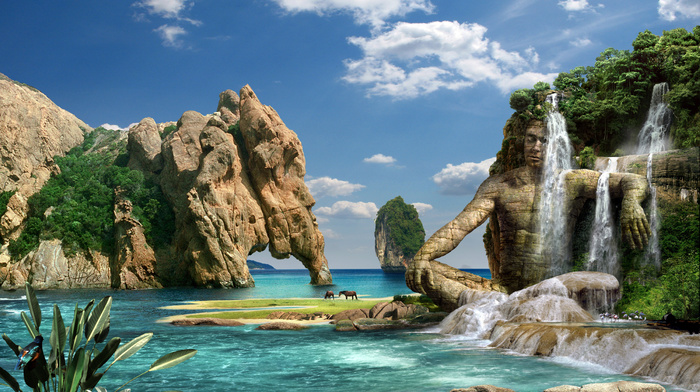 3D, sea, mountain, waterfall, rocks, nature, stones