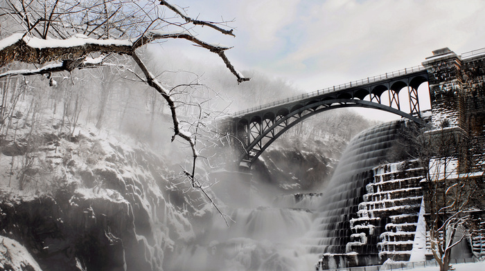 winter, bridge, river