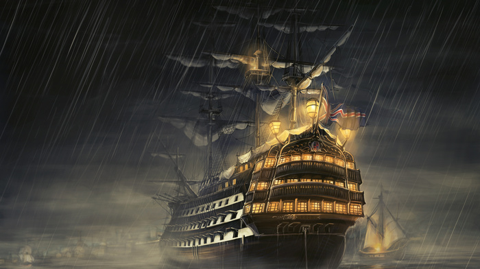 sailfish, sea, ship, night, fantasy, rain