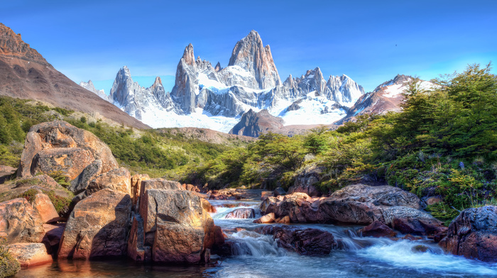 nature, sky, river, mountain, stones