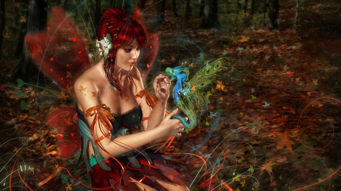 girl, girl, forest, fantasy, wings, red hair, dragon