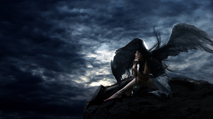 girl, rock, angel, fantasy, sky, wings