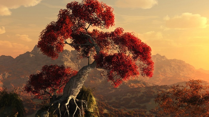 3D, mountain, tree