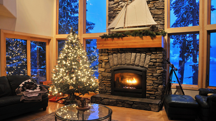 fir-tree, room, fireplace
