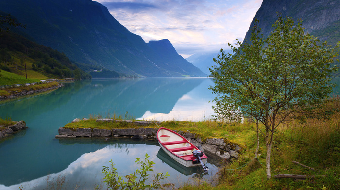 lake, boat, nature, Norway