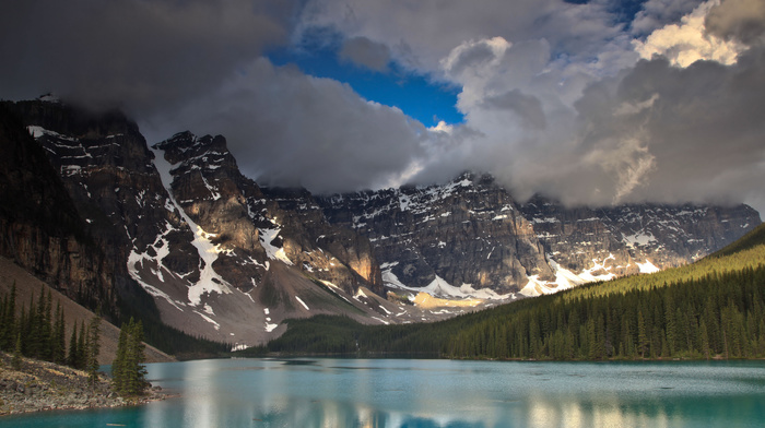 nature, river, forest, mountain, clouds, Canada, sky