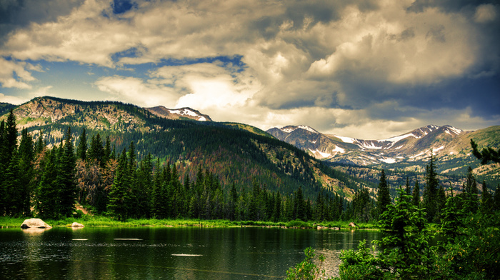 lake, landscape, trees, nature, sky, mountain