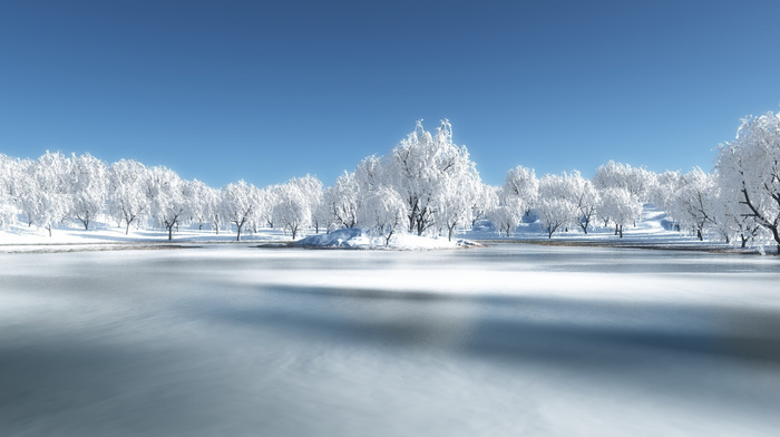 river, snow, forest, winter