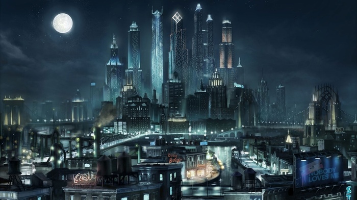 fantasy, moon, night, high-rise buildings, city