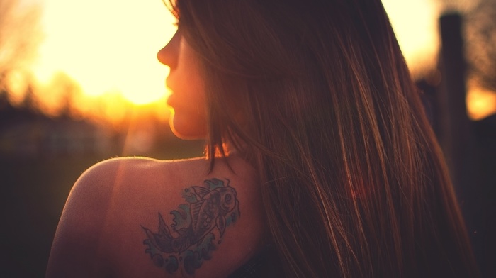 tattoo, girl, sunset, brunette