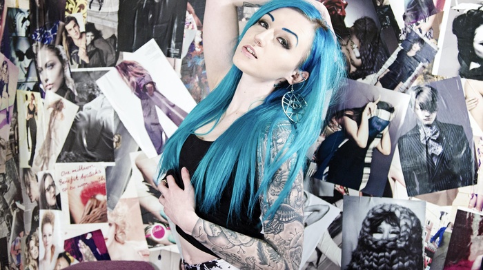 poster, tattoo, hands on head, blue hair, Suicide Girls