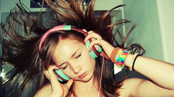closed eyes, brunette, headphones, music